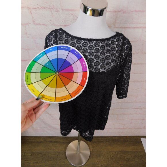 Liz Claiborne Black Lace Circle Pattern Short Sleeve Top Womens M - Picture 9 of 9